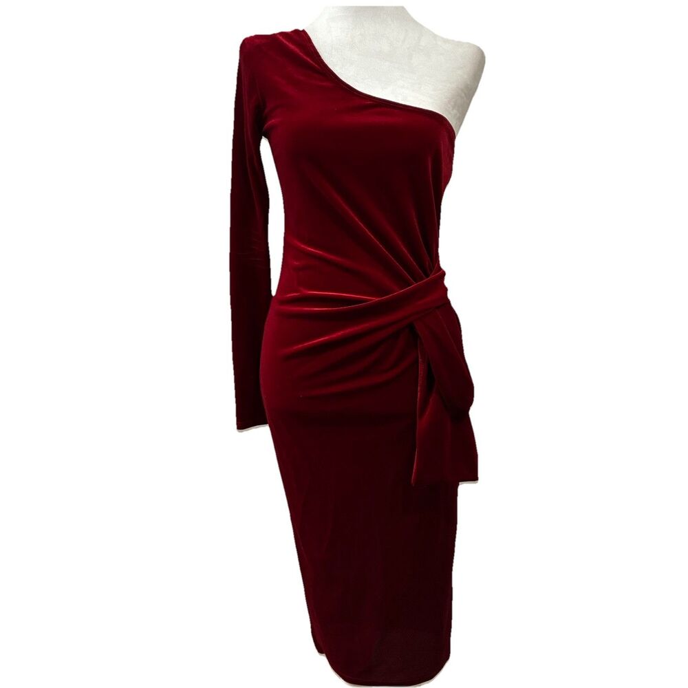 Fashion Nova Red Velvet Dress One Shoulder Long Sleeve Glam Bodycon Size M